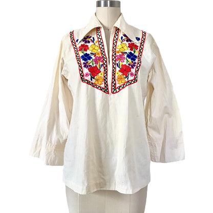 Vintage Hand Embroidered Puebla La Aguja Blouse with Flowers Frida style Med