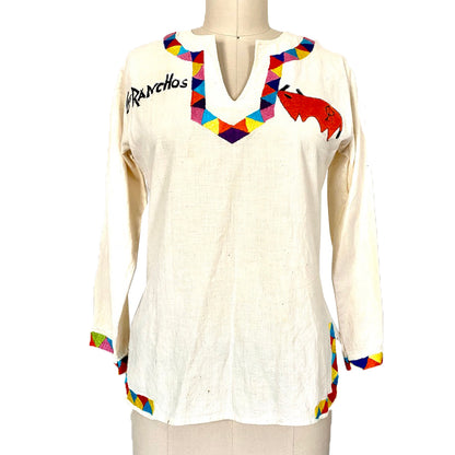 Vintage Hand Embroidered Puebla Los Ranchos Blouse with A Bull and Beautiful Birds Flowers Frida style