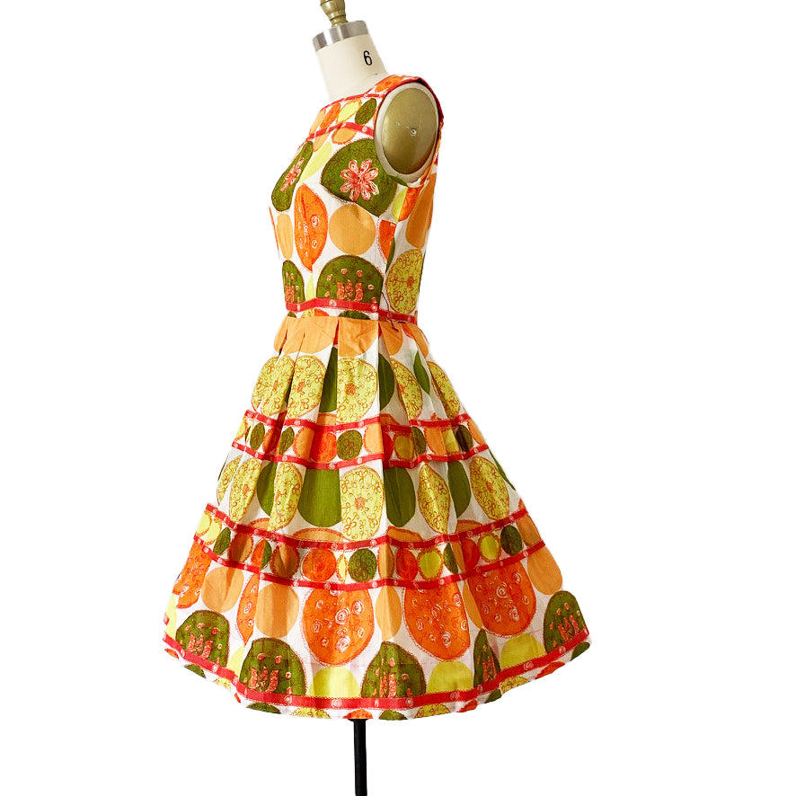 1950s Mid Century Novelty Print Pinup Tiered Day Dress