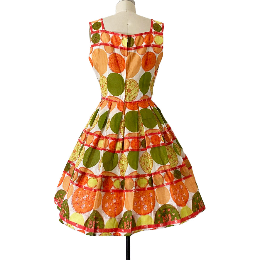 1950s Mid Century Novelty Print Pinup Tiered Day Dress