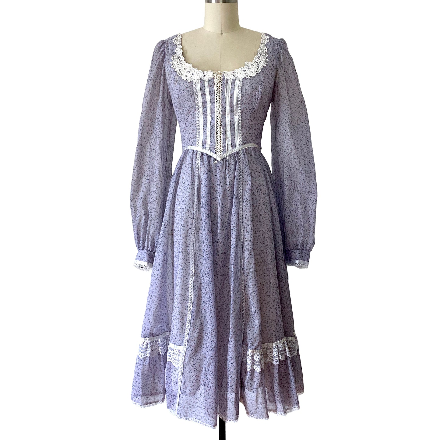 1970s Gunne Sax Calico Peasant Corset Top Ruffle Prairie Dress Med Sz11