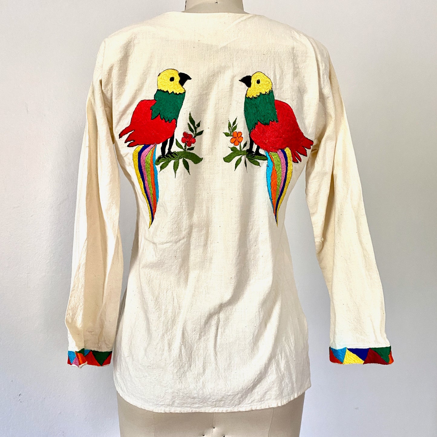 Vintage Hand Embroidered Puebla Los Ranchos Blouse with A Bull and Beautiful Birds Flowers Frida style