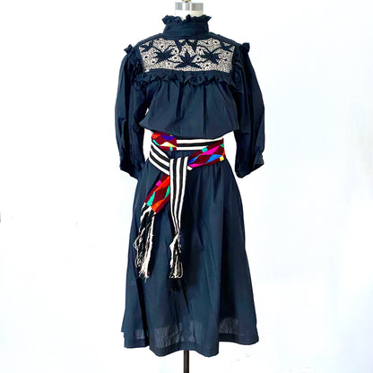 1970s Boho Cotton Smock Black Prairie Goth Hippie Summer Dress Med/Lrg