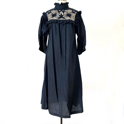 1970s Boho Cotton Smock Black Prairie Goth Hippie Summer Dress Med/Lrg