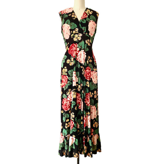 1970s AVELON Floral Vintage Maxi Dress Mid Century Empire Waist Summer Knit Med sz 8/10