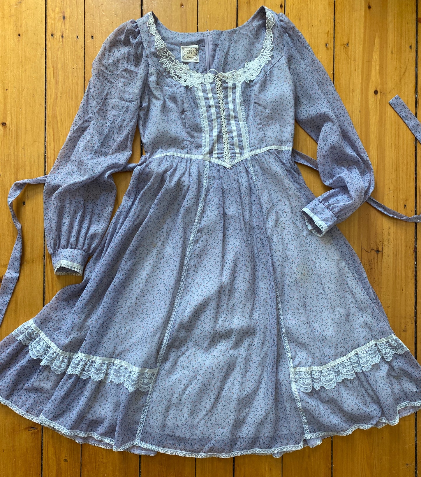 1970s Gunne Sax Calico Peasant Corset Top Ruffle Prairie Dress Med Sz11