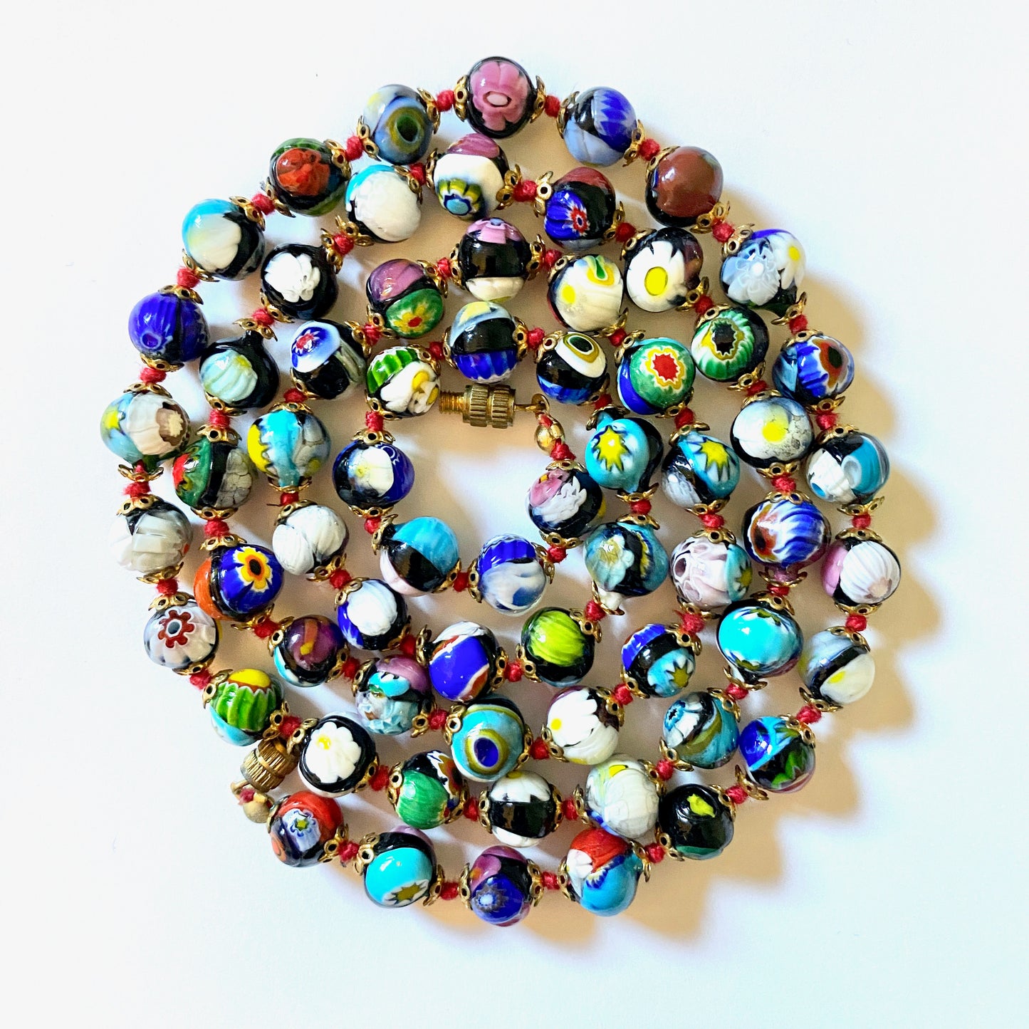Vintage Millefiori Bead Necklace Hand Knotted Venetian Glass