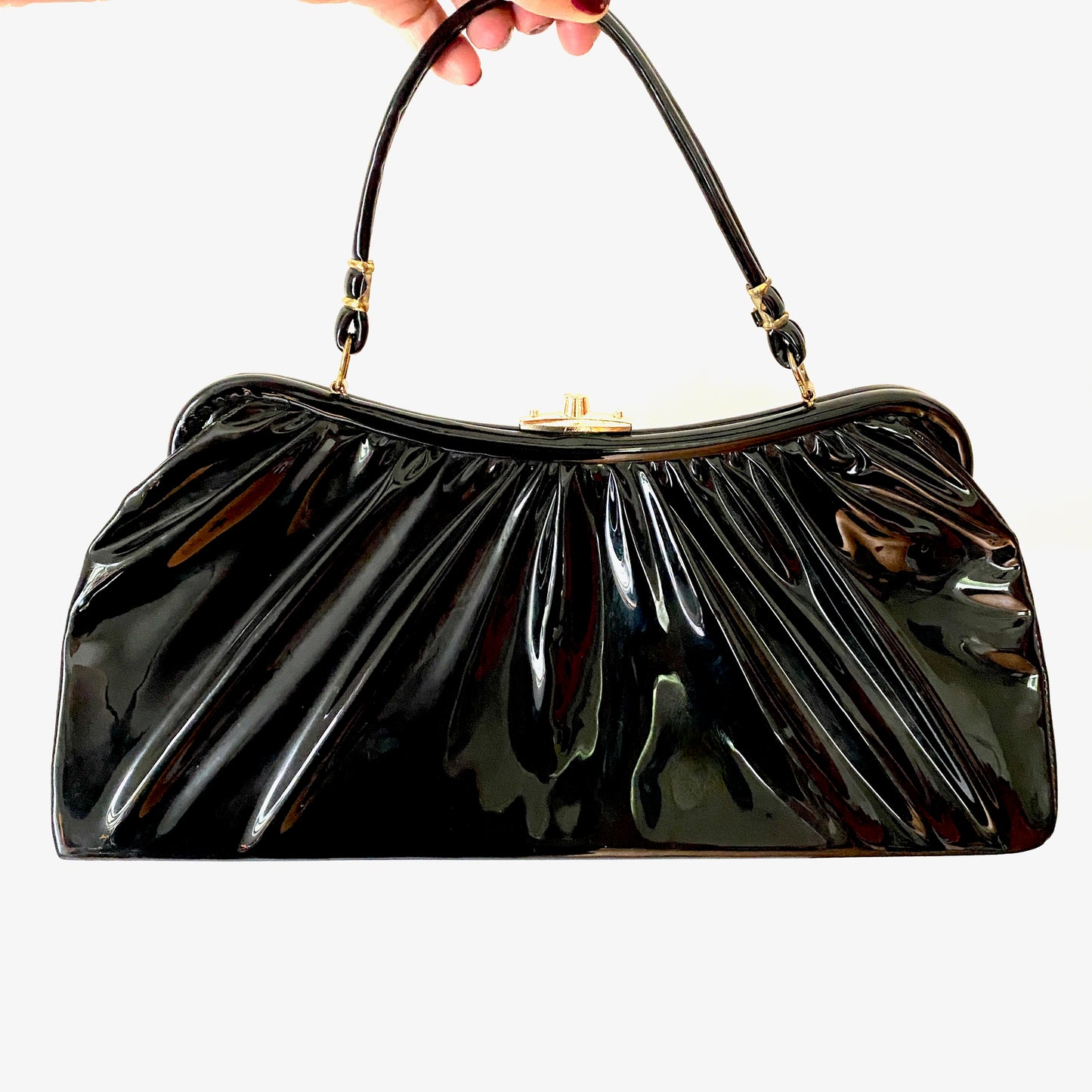 1960s Mod Bag Vintage BLACK PATENT Naugahyde Leather Vinyl Purse Handbag