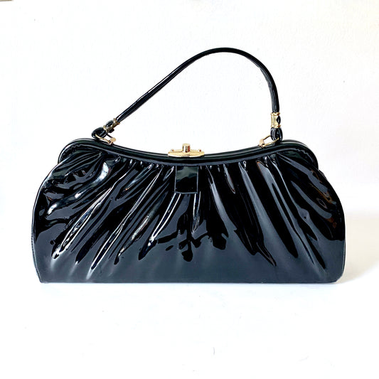1960s Mod Bag Vintage BLACK PATENT Naugahyde Leather Vinyl Purse Handbag