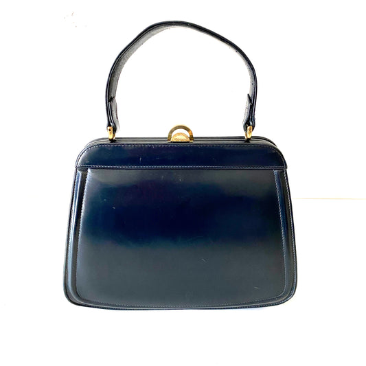 Vintage Dofan 1950's Leather handbag Top Handle Queenie Bag in Navy