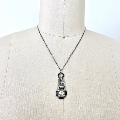 Art Deco Lavaliere Necklace Marcasite Enamel Crystal Pinch Hook Clasp
