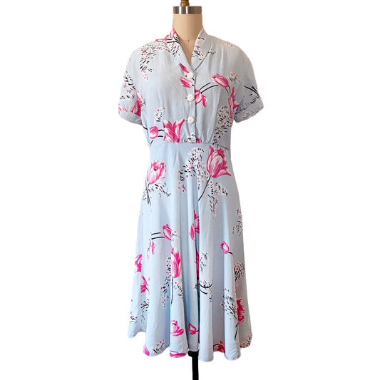 1940s Floral Cold Rayon Day Dress Dancing Tulips Med /8