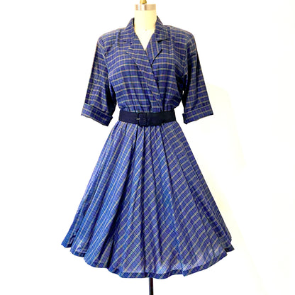 1970s does 1950 Day Dress Plaid Cotton Alison Peters Fit and Flair USA Sz 10/12