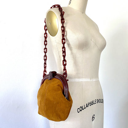 1960 REGAL Suede and Lucite Bag Chain Handle Rootbeer Lucite Chain Pin Up Girl Purse