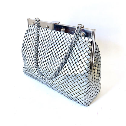 1960s Whiting and Davis Mesh Frame Purse Vintage Matte Silver Rockabilly Pin up Girl