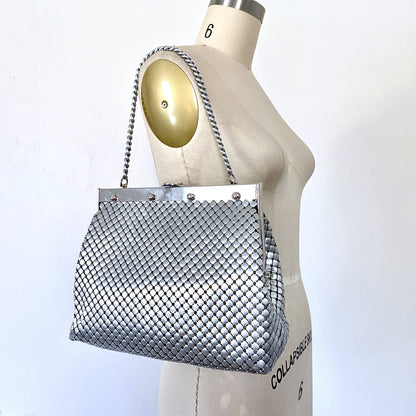 1960s Whiting and Davis Mesh Frame Purse Vintage Matte Silver Rockabilly Pin up Girl