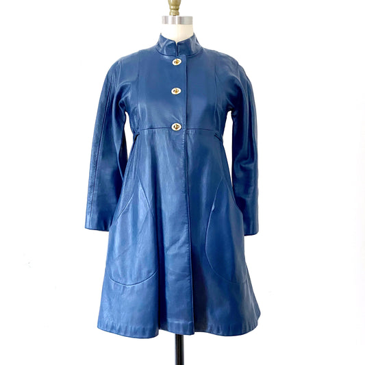 1960s Bonnie Cashin for Sills Blue Leather Toggle Coat