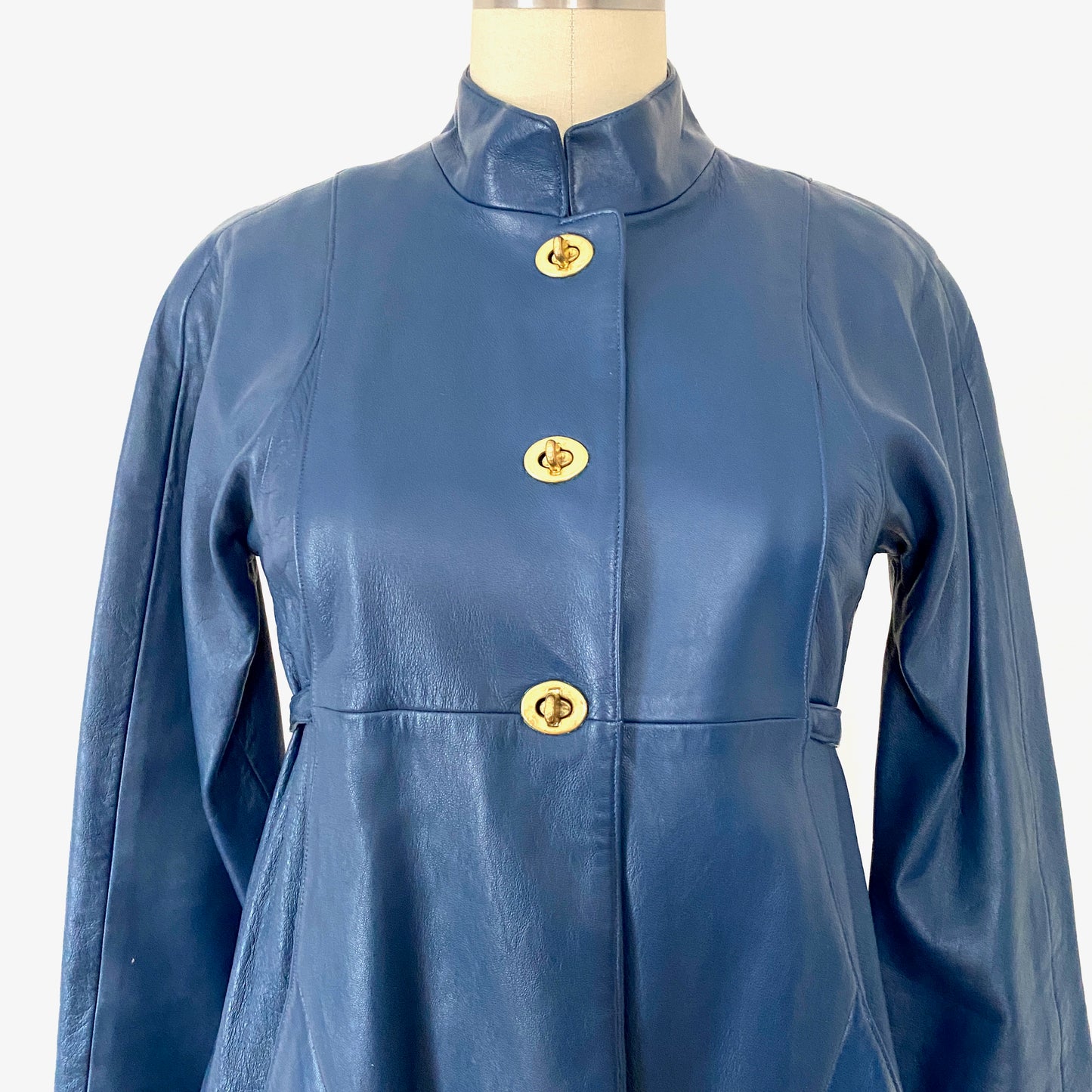 1960s Bonnie Cashin for Sills Blue Leather Toggle Coat