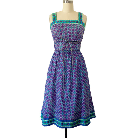 1970s Hand Block Printed Dress THE TALBOTS Import Thiland Cotton Boho Sun Dress Med Lrg sz 10