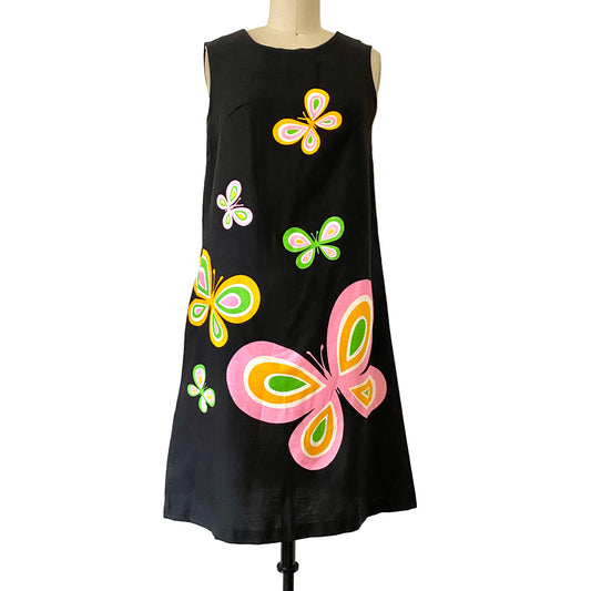 1970 Cotton Shift Summer Vintage Neon Butterfly Dress Med/Lrg