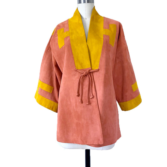 1960s Bonnie Cashin for Sills Suede Color Block Kimono Coat Sz 8