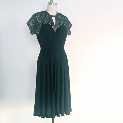1940's Swing Era Dress Vintage Rhinestone Sweetheart Bodice Keyhole Pinup Dress Sz8
