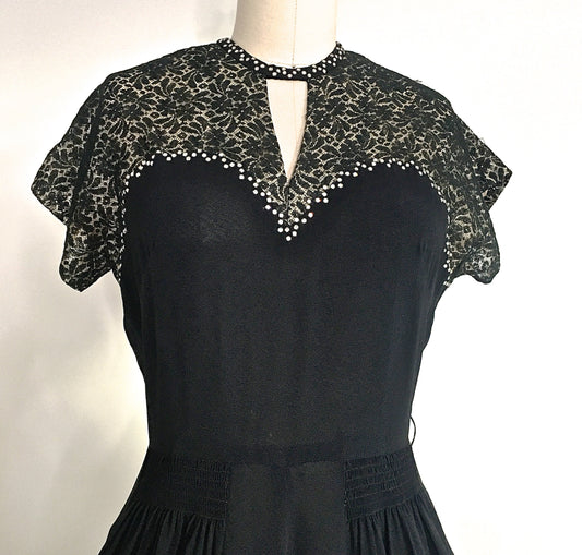 1940's Swing Era Dress Vintage Rhinestone Sweetheart Bodice Keyhole Pinup Dress Sz8