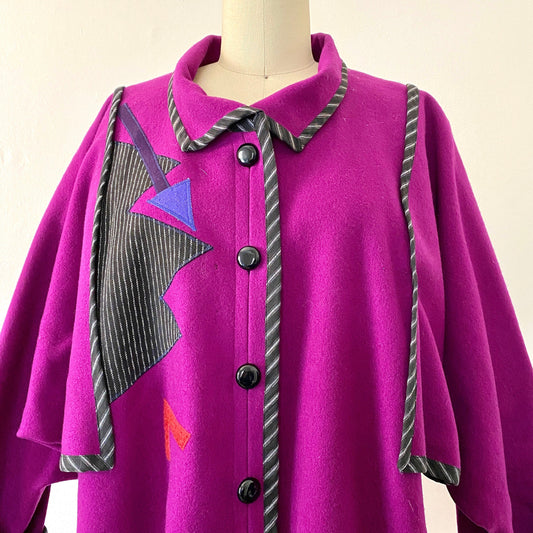 1980s Blanket Coat BEPPA All Wool Vintage Winter Coat Duster Art Seattle Wear Art Abstract Applique Lrg