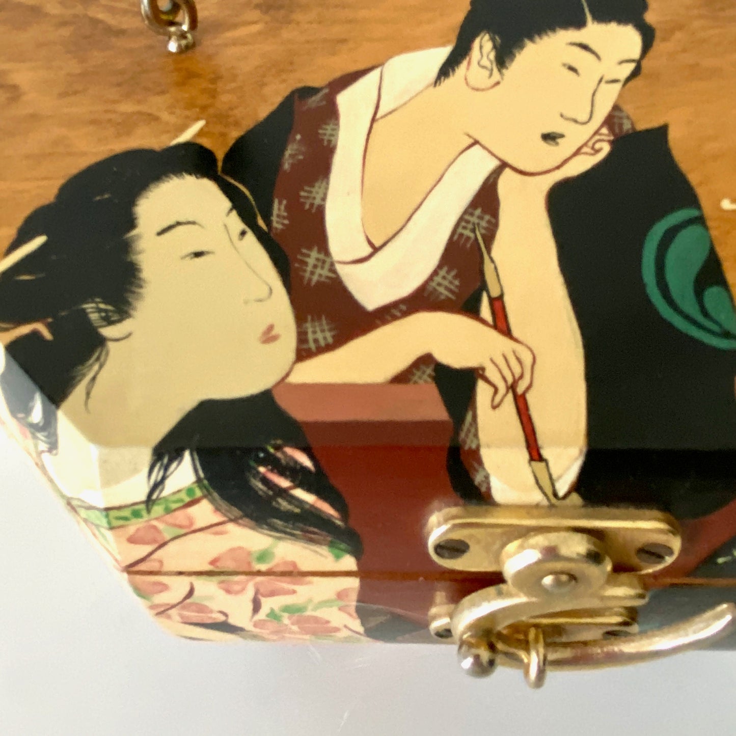 1960s Box Purse Hand Painted Wood Japanese Scene Purse Box Bag Pinup Purse