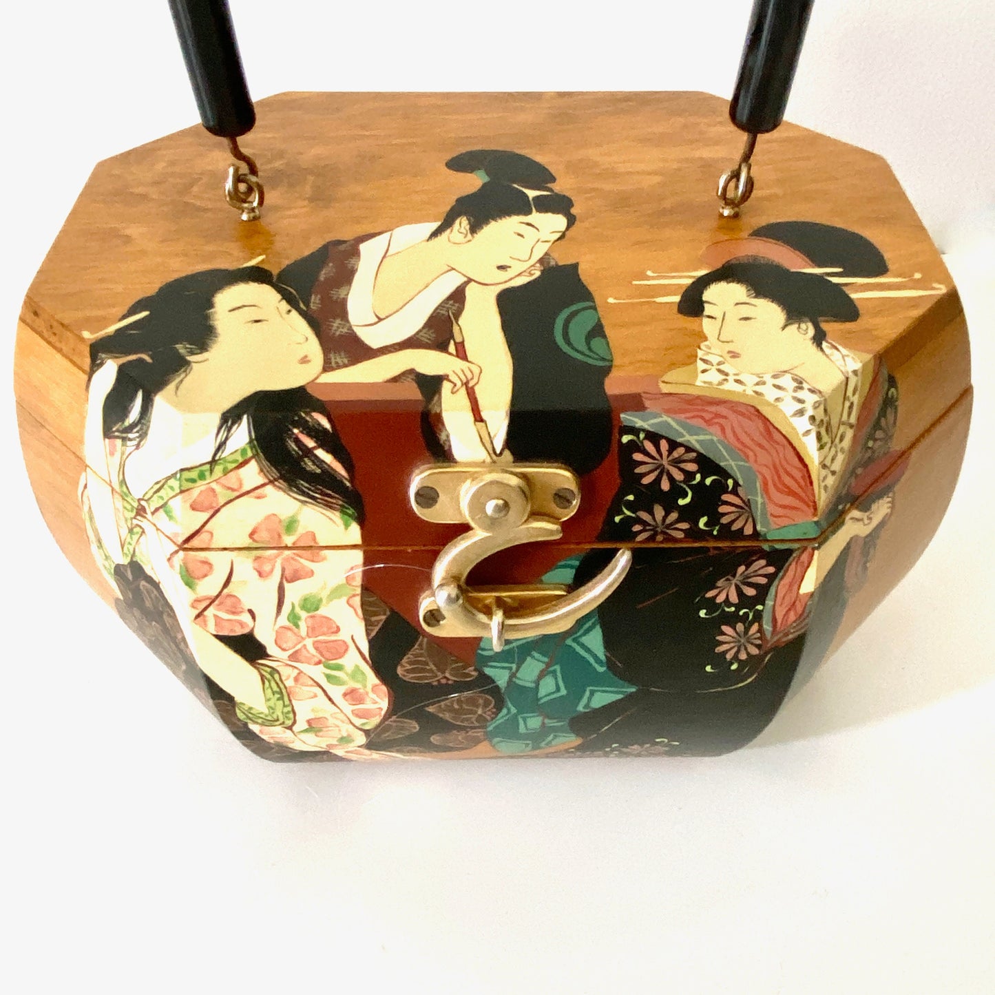 1960s Box Purse Hand Painted Wood Japanese Scene Purse Box Bag Pinup Purse