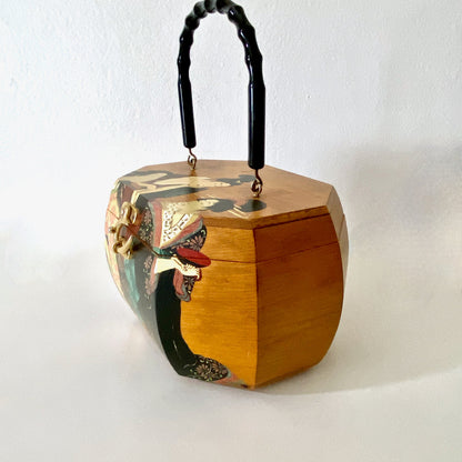 1960s Box Purse Hand Painted Wood Japanese Scene Purse Box Bag Pinup Purse