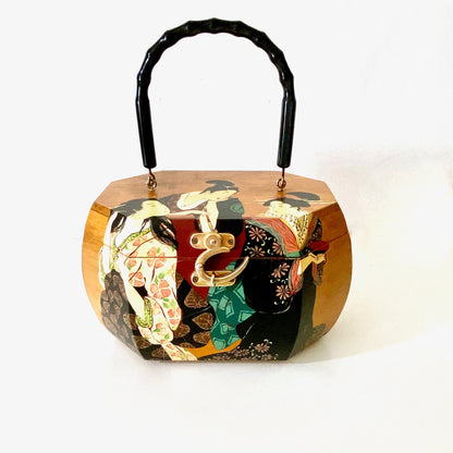 1960s Box Purse Hand Painted Wood Japanese Scene Purse Box Bag Pinup Purse