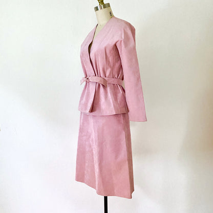 1970s HALSON Ultra Suede Wrap Coat Skirt Suit Sm/6 Vintage Blush Pink Collector Tie Jacket and skirt