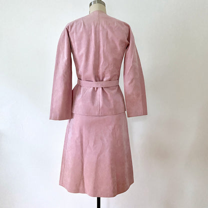 1970s HALSON Ultra Suede Wrap Coat Skirt Suit Sm/6 Vintage Blush Pink Collector Tie Jacket and skirt