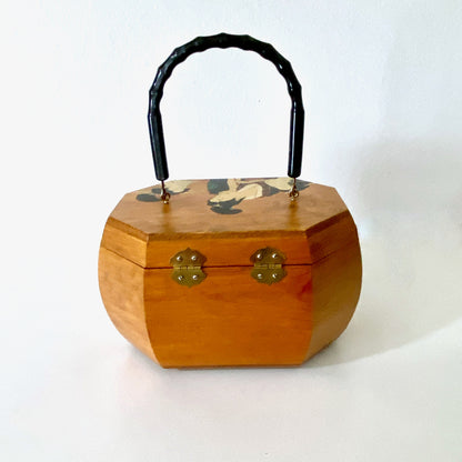 1960s Box Purse Hand Painted Wood Japanese Scene Purse Box Bag Pinup Purse