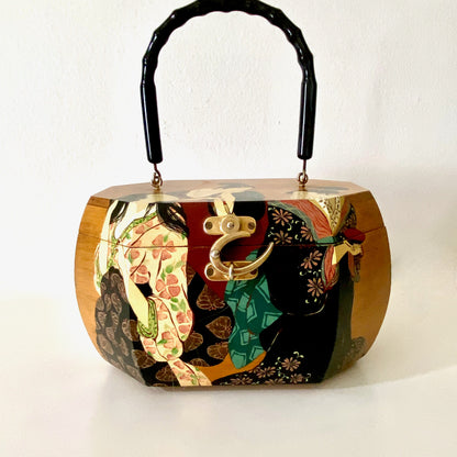 1960s Box Purse Hand Painted Wood Japanese Scene Purse Box Bag Pinup Purse