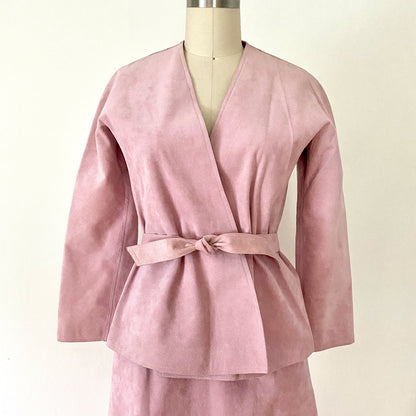 1970s HALSON Ultra Suede Wrap Coat Skirt Suit Sm/6 Vintage Blush Pink Collector Tie Jacket and skirt