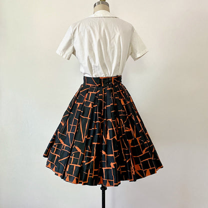 1950s Circle Skirt Mid Century Novelty Print Vintage Print Skirt Cotton Knife Pleat SM sz 6