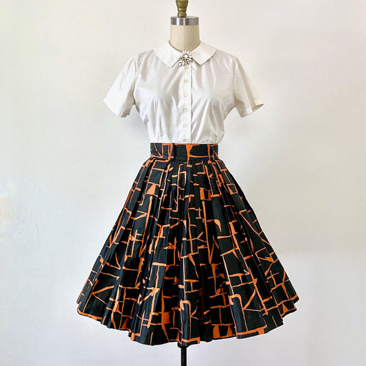 1950s Circle Skirt Mid Century Novelty Print Vintage Print Skirt Cotton Knife Pleat SM sz 6