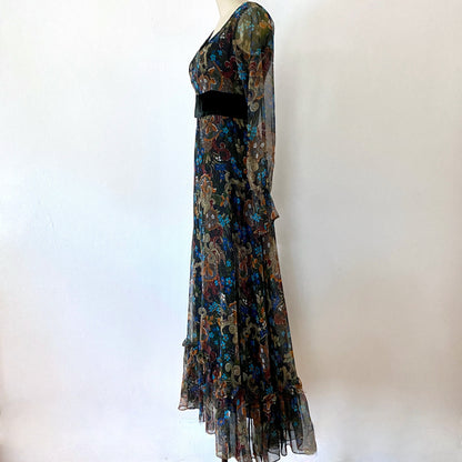 1970s Floral Chiffon Maxi Dress Jack Bryan Vintage High Waist BOHO Sheer Overlay Flowy Maxi Dress  Size 6