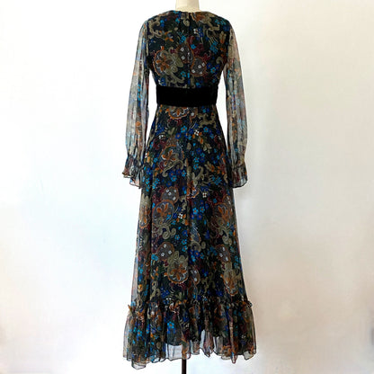 1970s Floral Chiffon Maxi Dress Jack Bryan Vintage High Waist BOHO Sheer Overlay Flowy Maxi Dress  Size 6