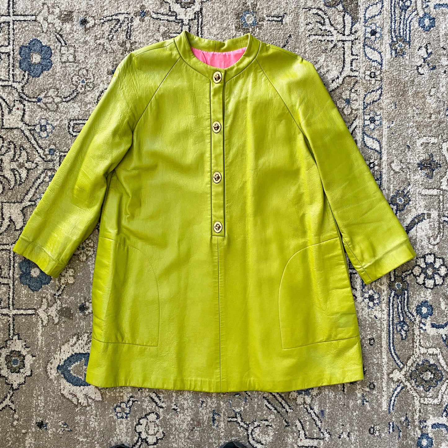 1960s Bonnie Cashin Green Vintage Mod TOGGLE Swing Coat Tunic Leather Dress Size 6/8