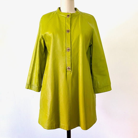 1960s Bonnie Cashin Green Vintage Mod TOGGLE Swing Coat Tunic Leather Dress Size 6/8