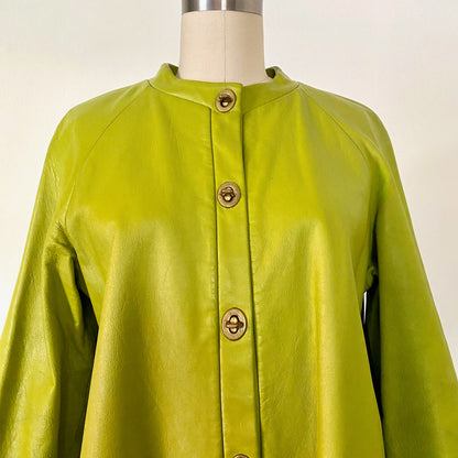 1960s Bonnie Cashin Green Vintage Mod TOGGLE Swing Coat Tunic Leather Dress Size 6/8