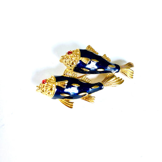 1980s Trifari Vintage Enamel Two Fish Brooch Pisces Fashion Pin Hollywood Glamour Double Fish Pin