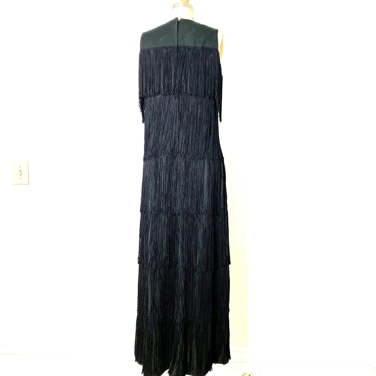 1960s Alfred Werber Black Fully Fringed Crepe Full Length Vintage Dress Gown size 6/8