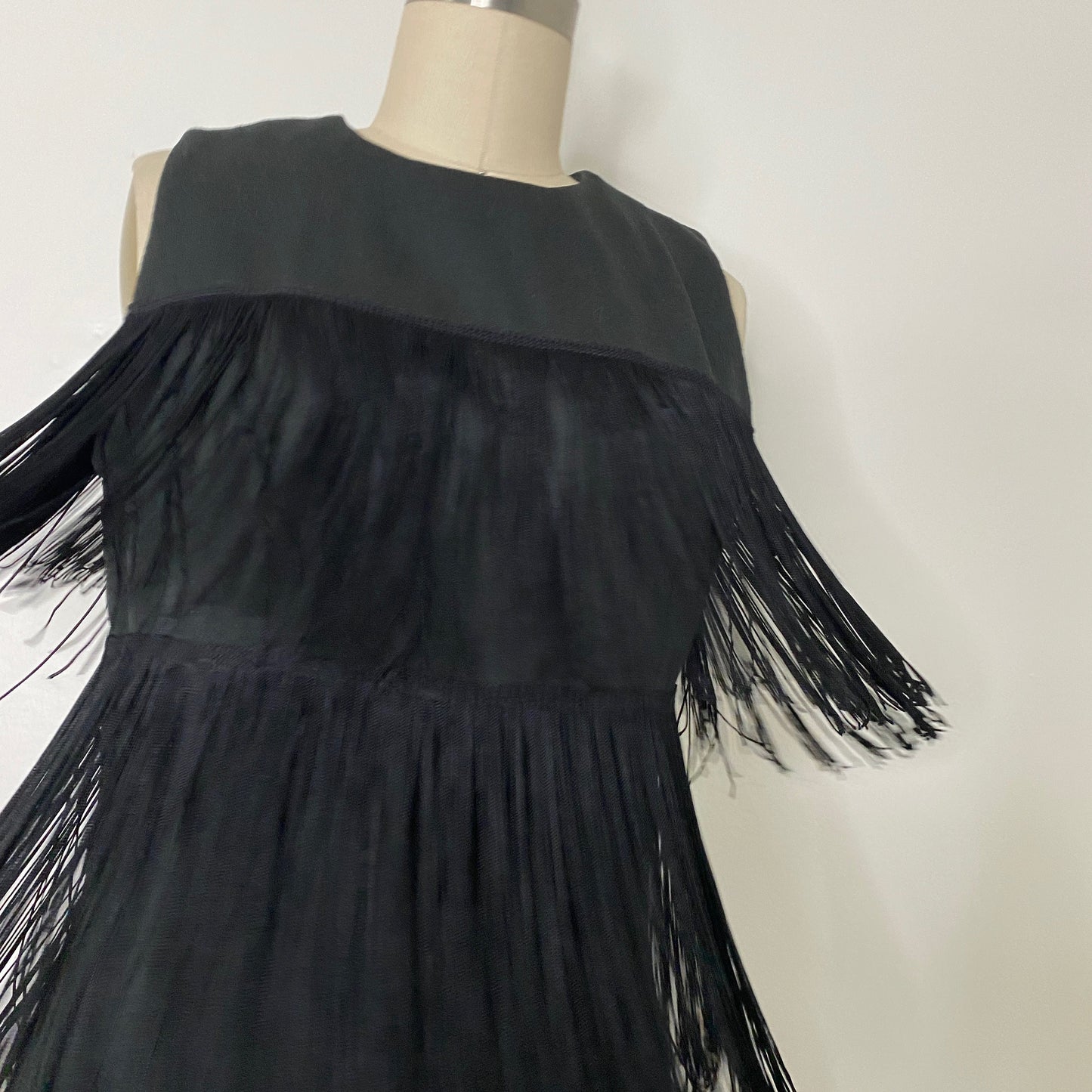 1960s Alfred Werber Black Fully Fringed Crepe Full Length Vintage Dress Gown size 6/8