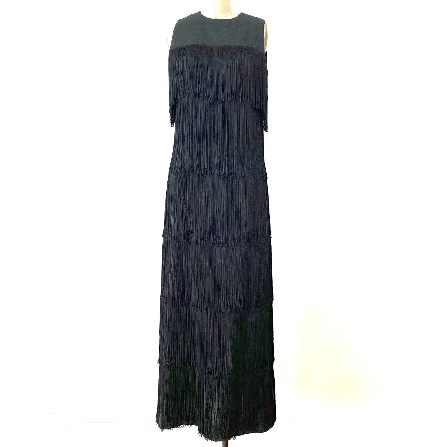 1960s Alfred Werber Black Fully Fringed Crepe Full Length Vintage Dress Gown size 6/8