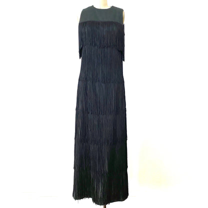 1960s Alfred Werber Black Fully Fringed Crepe Full Length Vintage Dress Gown size 6/8