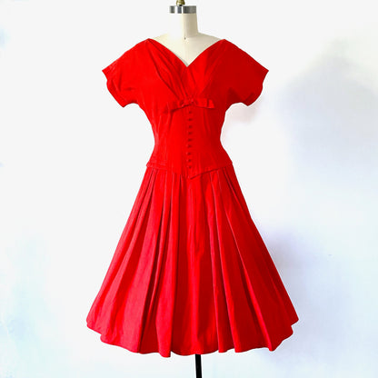 1950s LIPSTICK RED Party Day Dress Full Skirt Fit and Flair Pinup Girl Vintage Lolita dress Mrs Maisel Sz 8/10